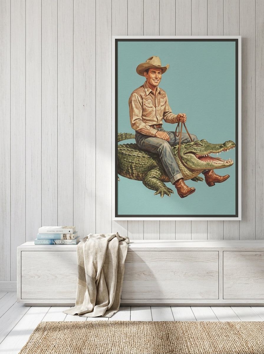 Canvas wall art with a white surround styled on the wall in a coastal living room