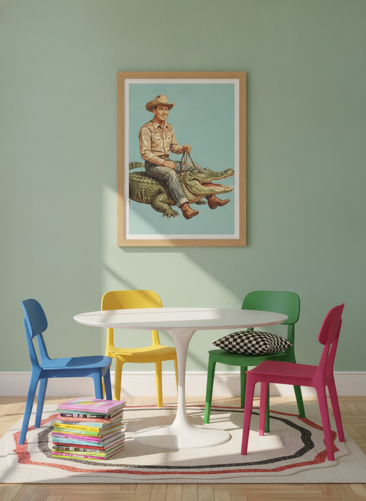 Modern wall art print styled on the wall in a colourful eclectic dining room