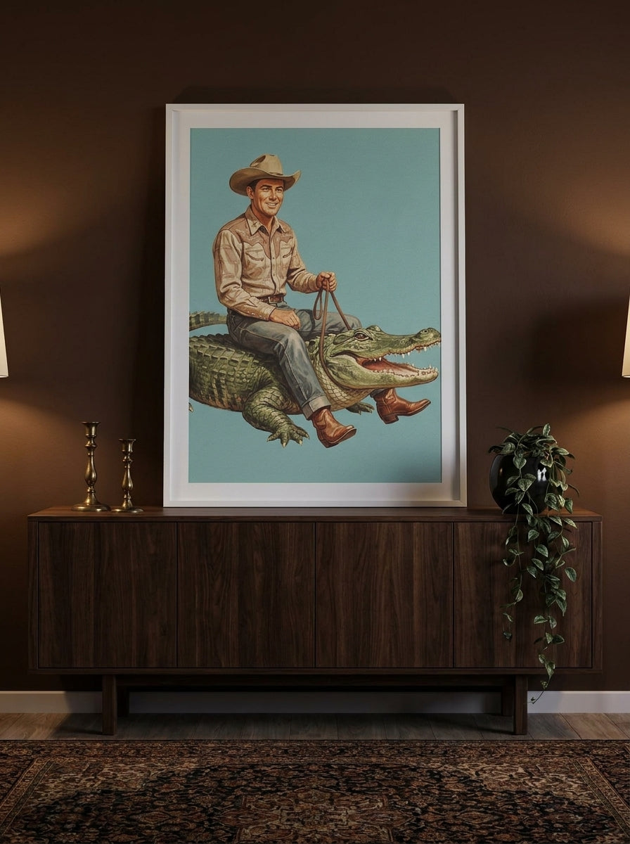 Modern wall art print standing on a sideboard in a moody living room
