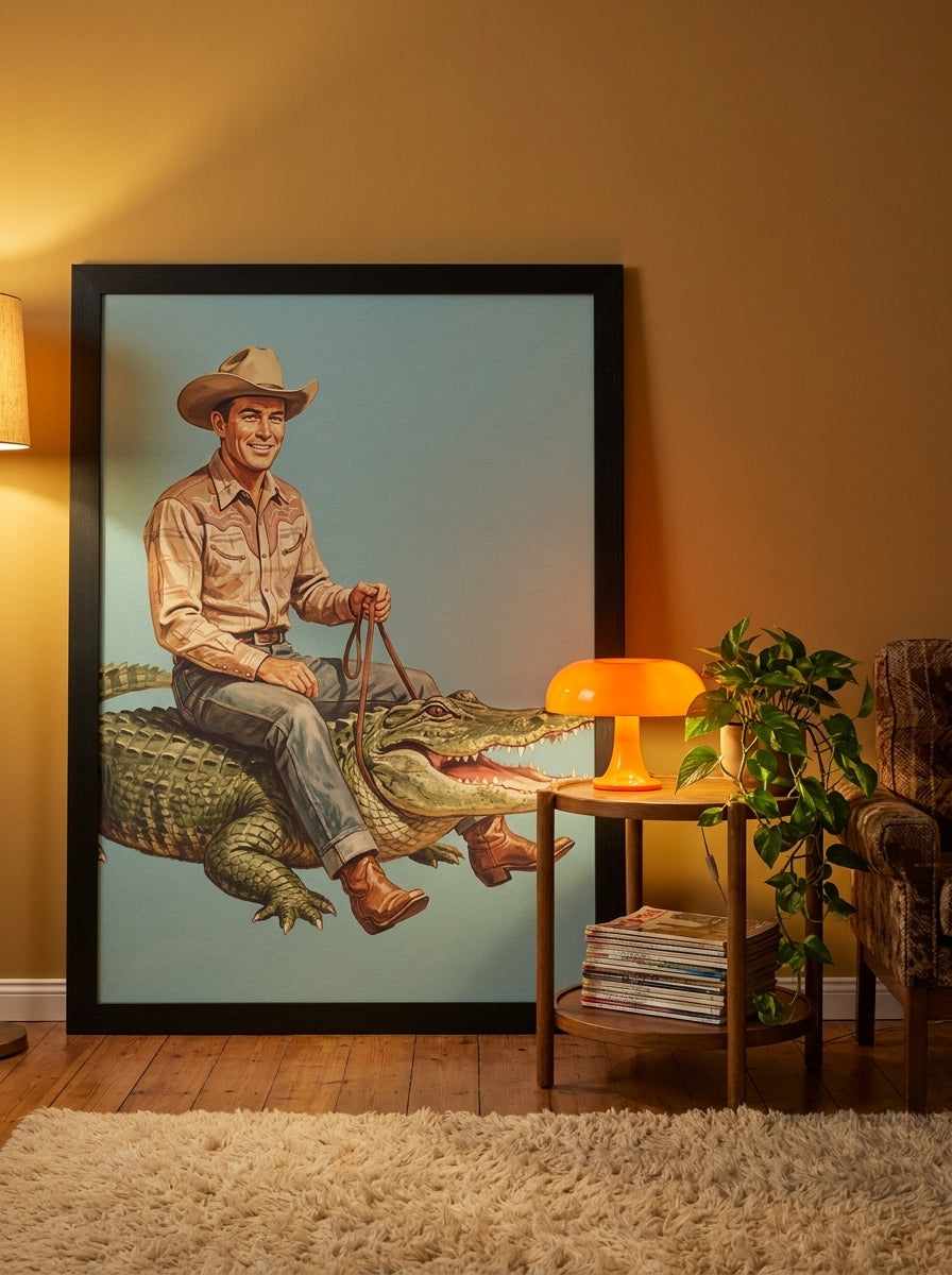 Oversized statement modern wall art print leaning against the wall in a retro 70s living room