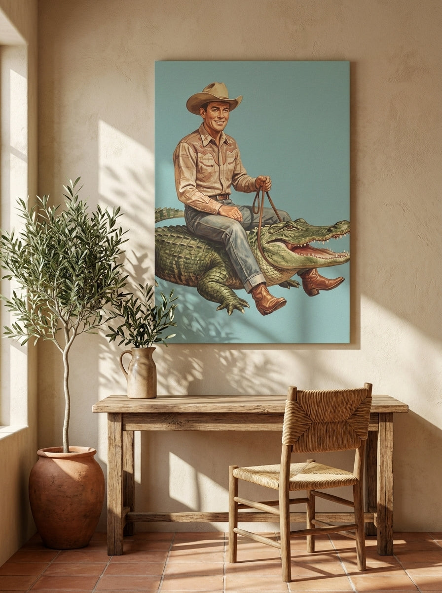 Stretched canvas wall art styled on the wall in a Mediterranean home office