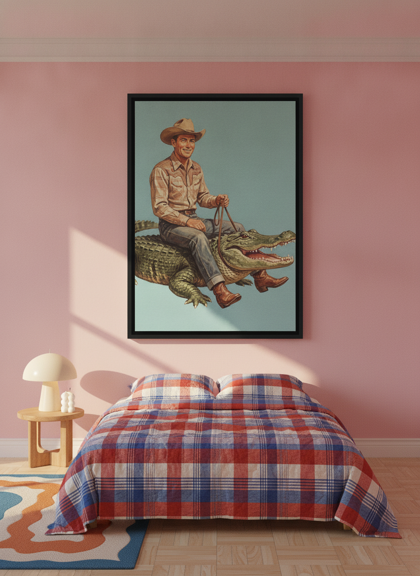 Oversized statement canvas wall art with a black surround styled on the wall in a colourful eclectic bedroom