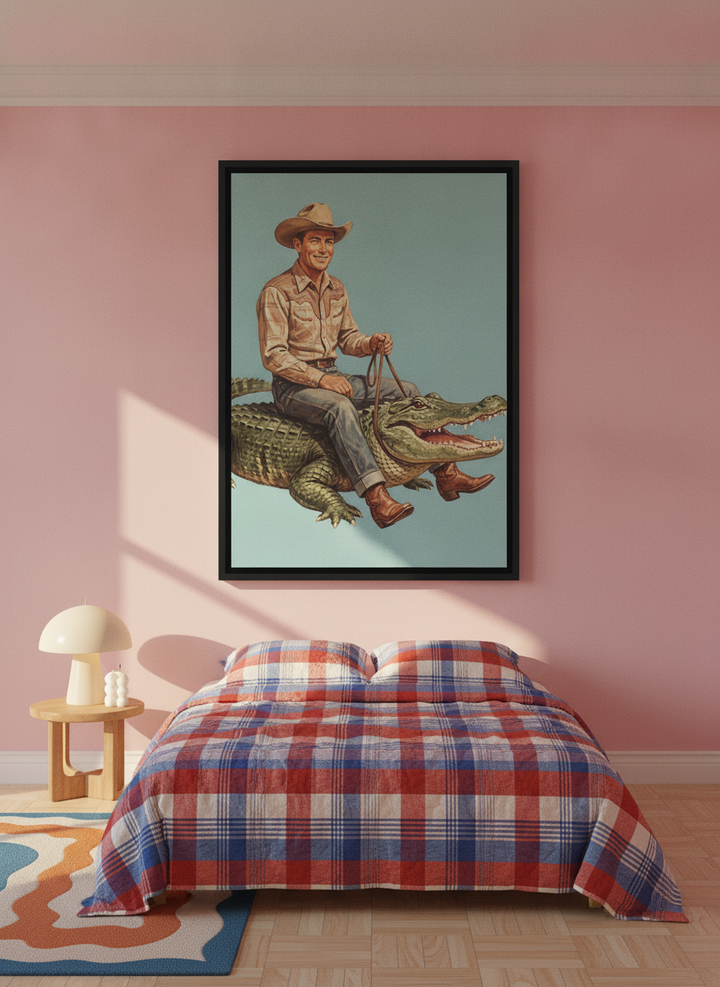 Oversized statement canvas wall art with a black surround styled on the wall in a colourful eclectic bedroom