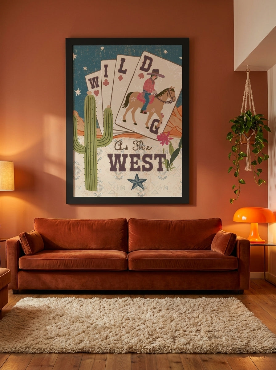Oversized statement modern wall art print styled on the wall in a retro 70s living room