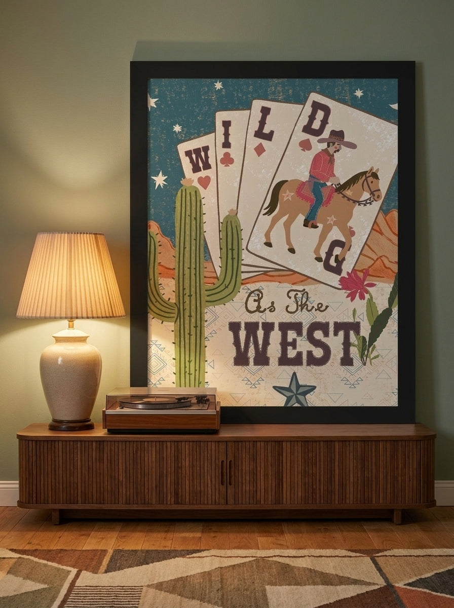 Modern wall art print standing on a sideboard in a mid-century home office