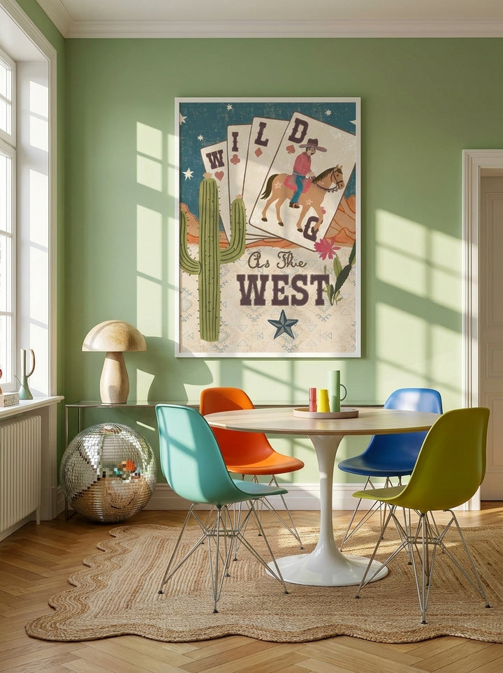 Modern wall art print styled on the wall in a colourful eclectic dining room