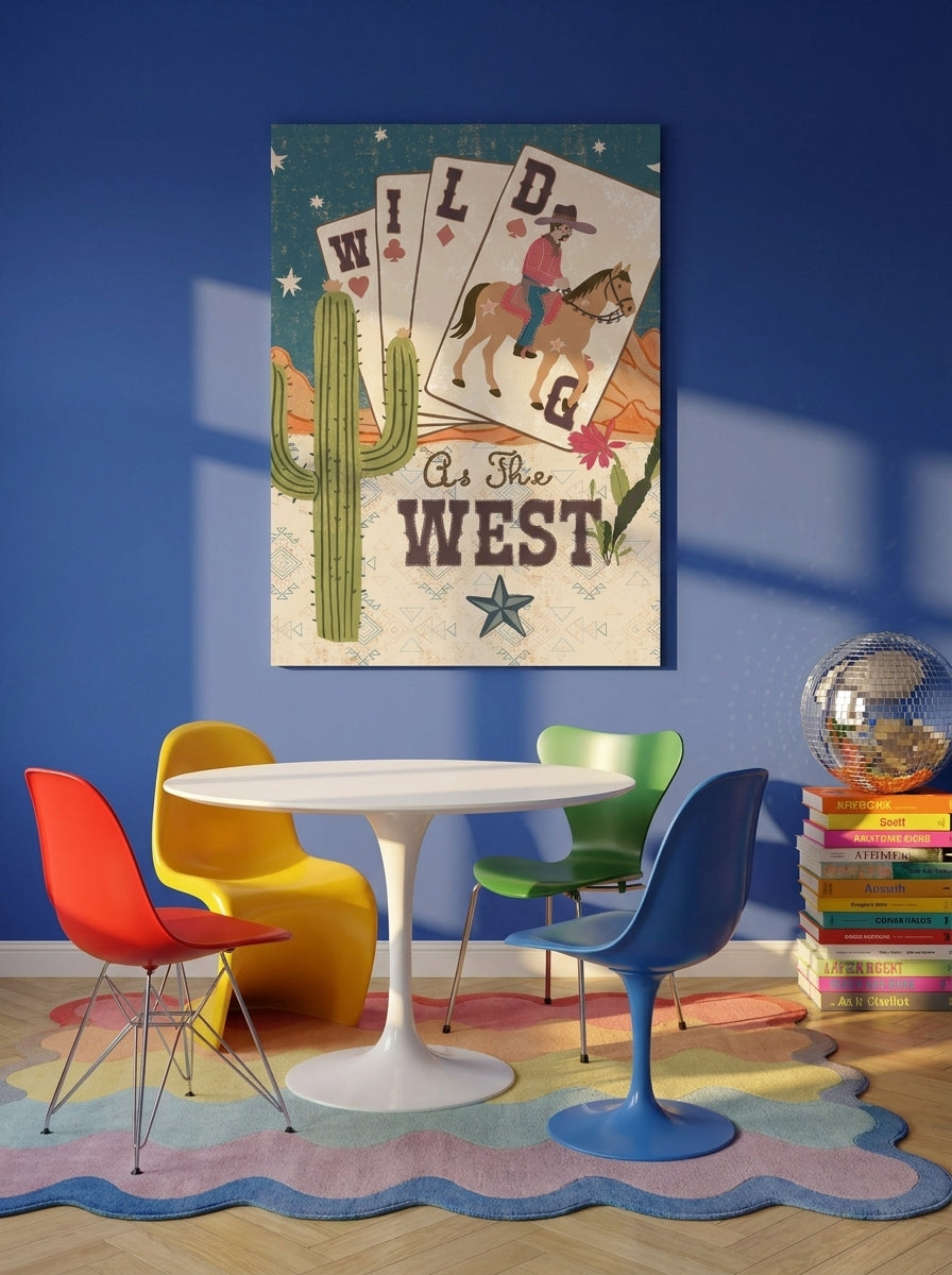 Stretched canvas wall art styled on the wall in a colourful eclectic dining room