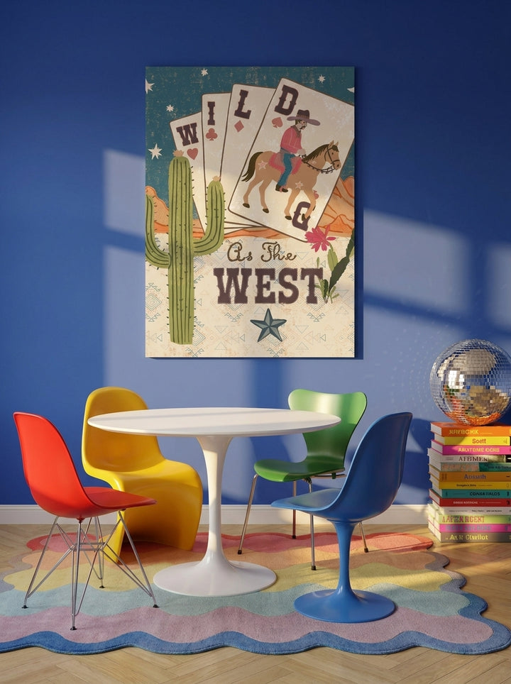 Stretched canvas wall art styled on the wall in a colourful eclectic dining room