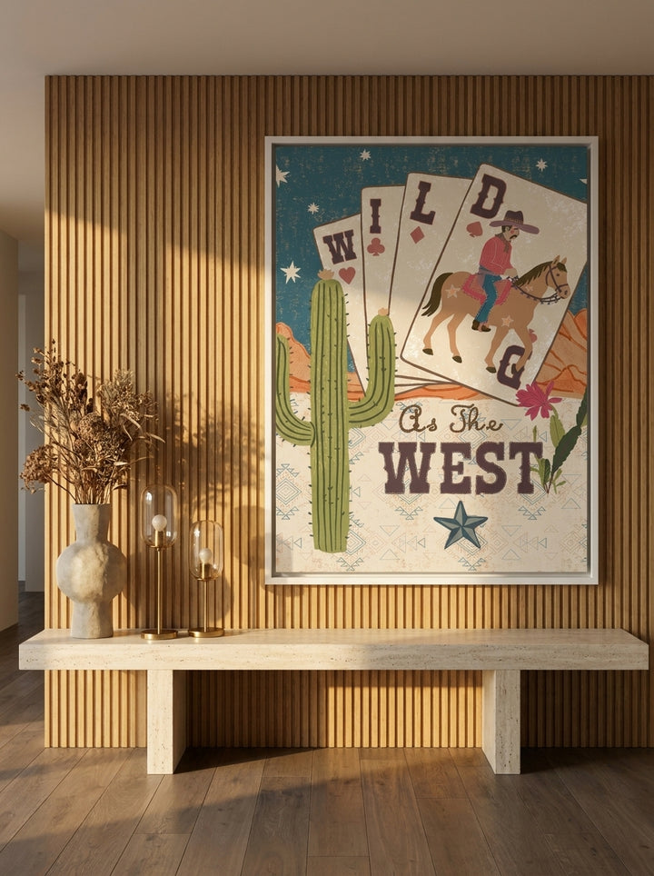 Oversized statement canvas wall art with a white surround styled on the wall in a luxe living room
