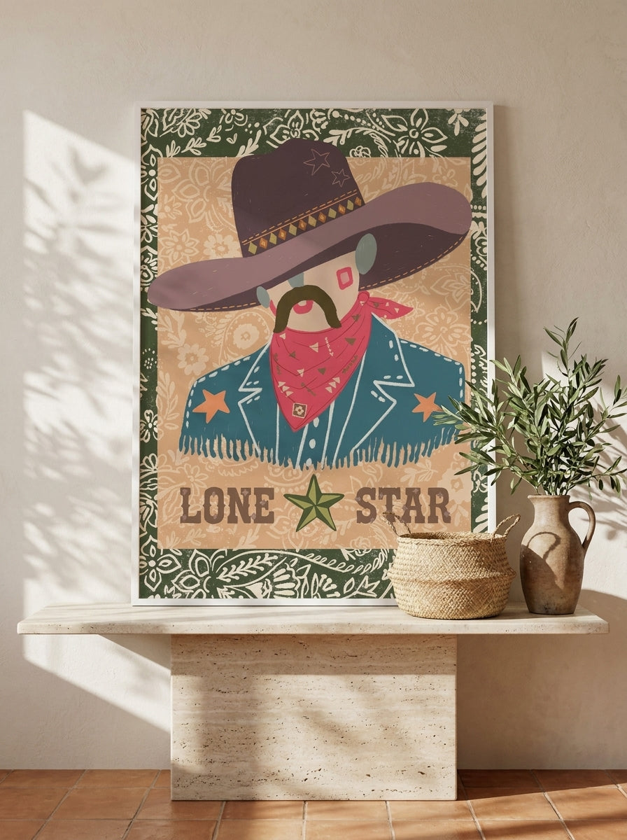 Modern wall art print standing on a console in a Mediterranean home office