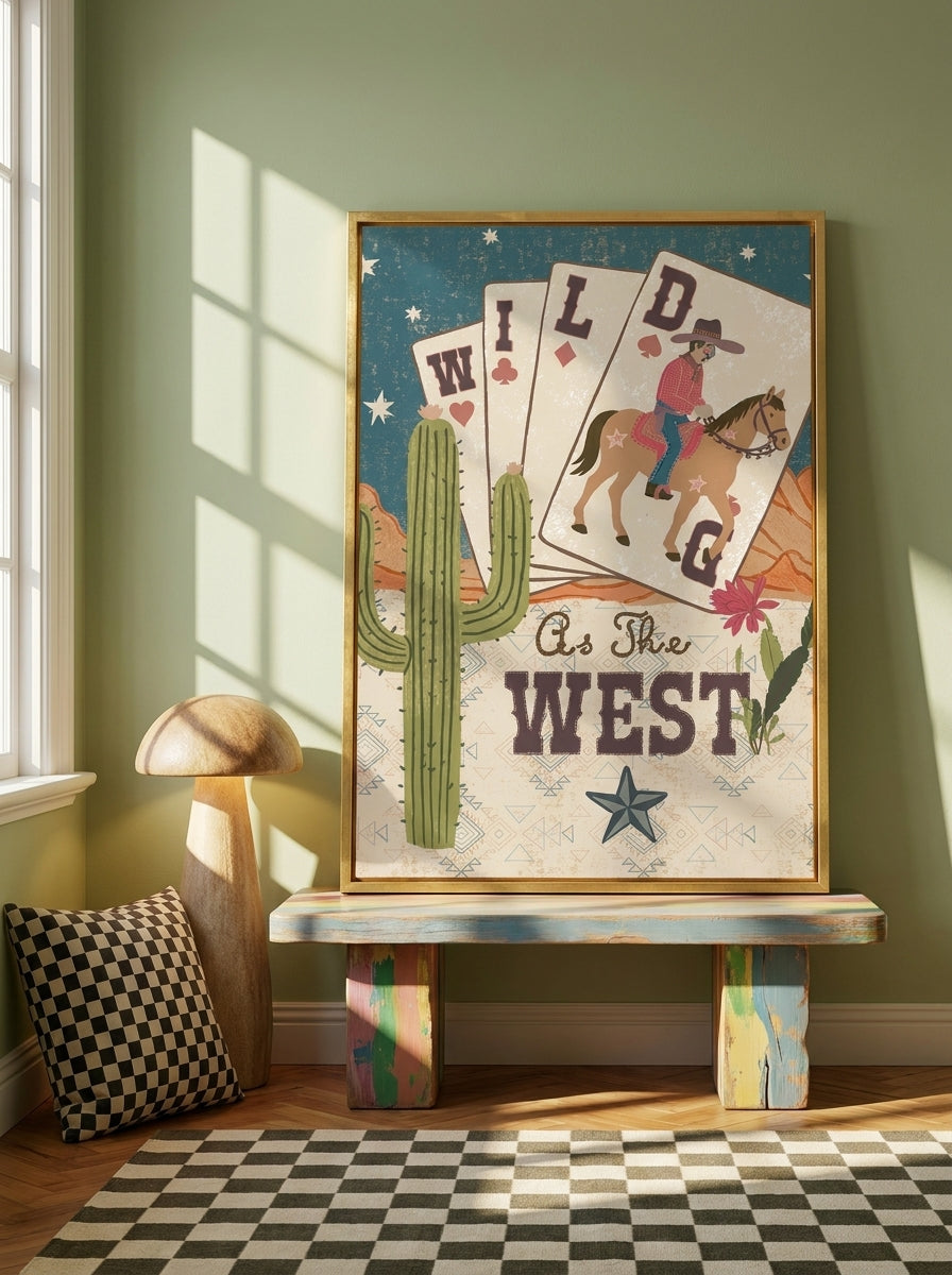 Canvas wall art with a gold leaf surround standing on a side table in a colourful eclectic bedroom