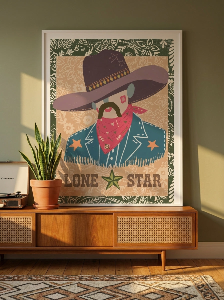 Modern wall art print styled on the wall in a mid-century living room