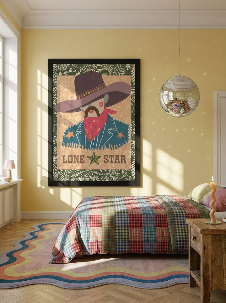 Oversized statement modern wall art print styled on the wall in a colourful eclectic bedroom