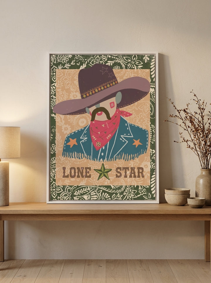 Canvas wall art with a white surround standing on a bench in a warm Japandi bedroom