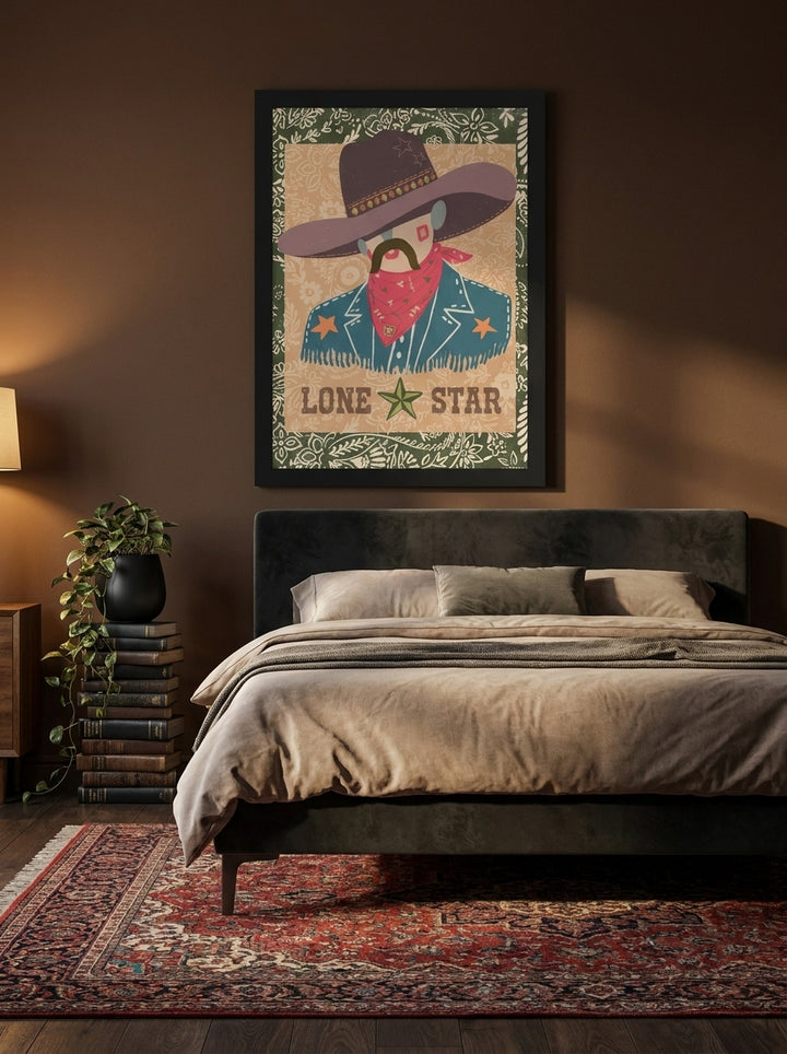 Modern wall art print styled on the wall in a moody bedroom
