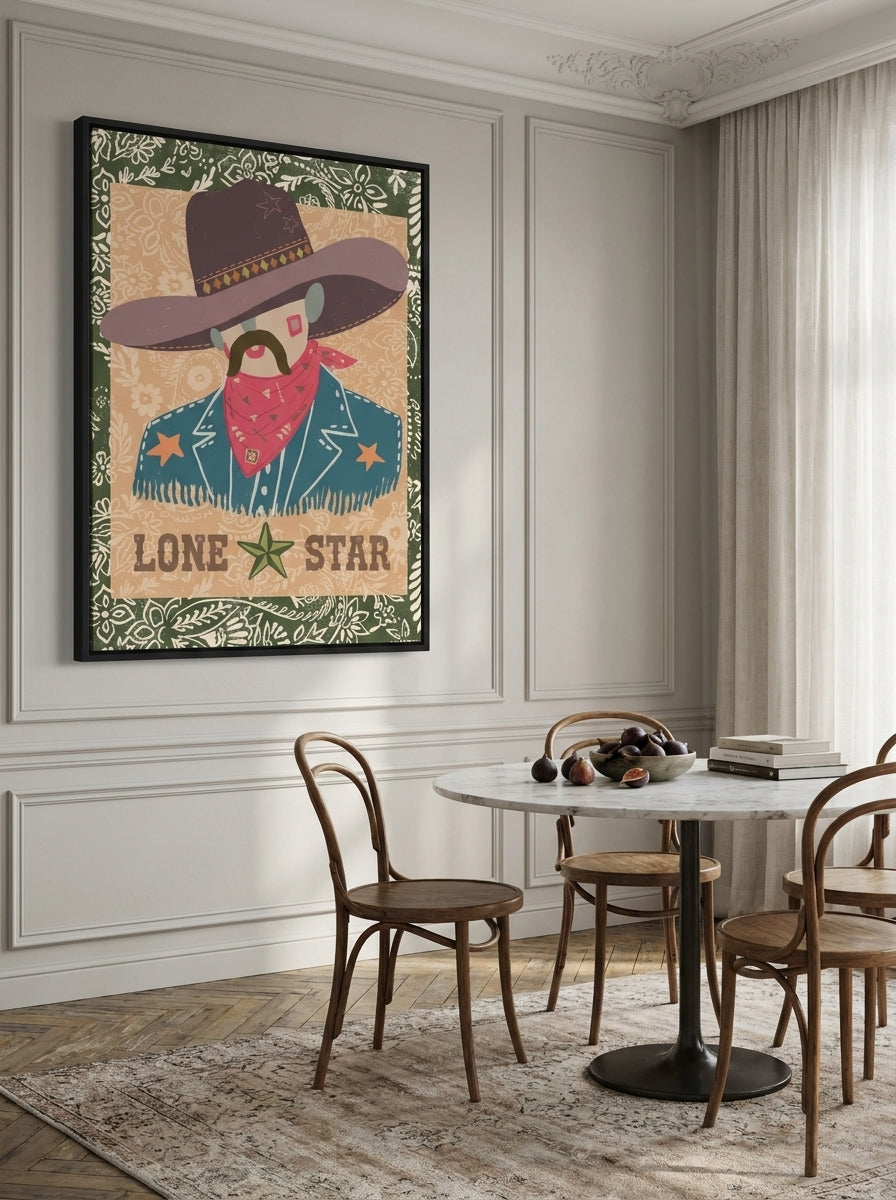 Oversized statement canvas wall art with a black surround styled on the wall in a Parisian dining room
