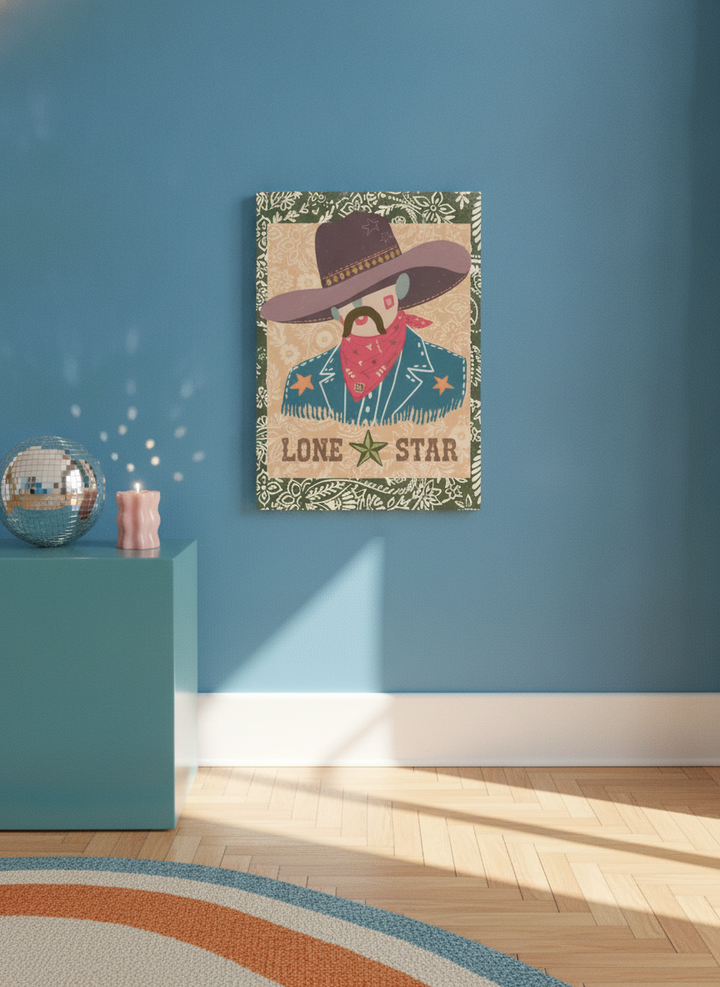 Stretched canvas wall art standing on a side table in a colourful eclectic bedroom