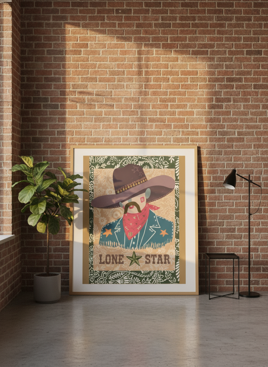 Oversized statement modern wall art print leaning against the wall in an industrial loft dining room