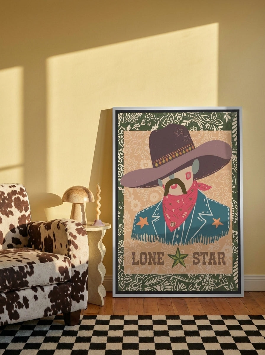Canvas wall art with a silver leaf surround leaning against the wall in a colourful eclectic bedroom