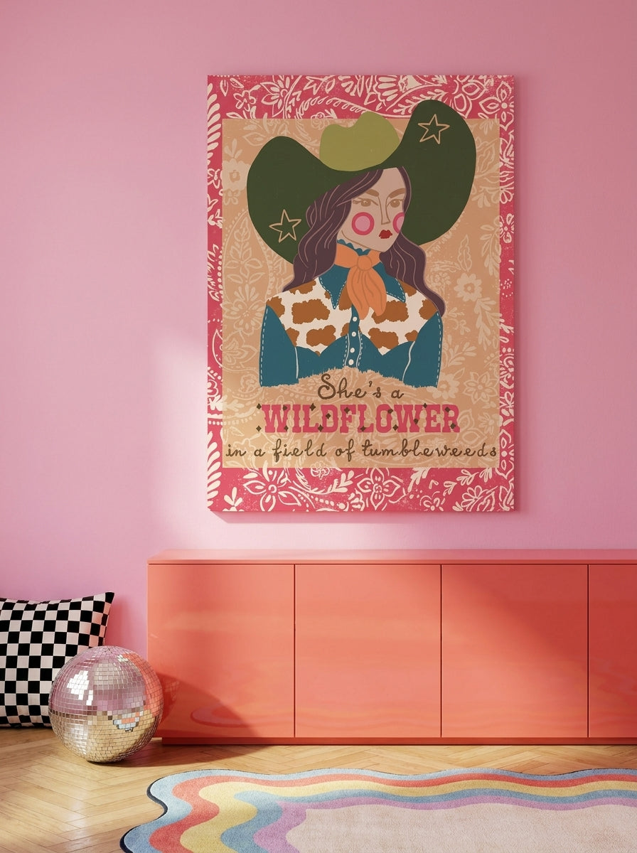 Stretched canvas wall art styled on the wall in a colourful eclectic living room