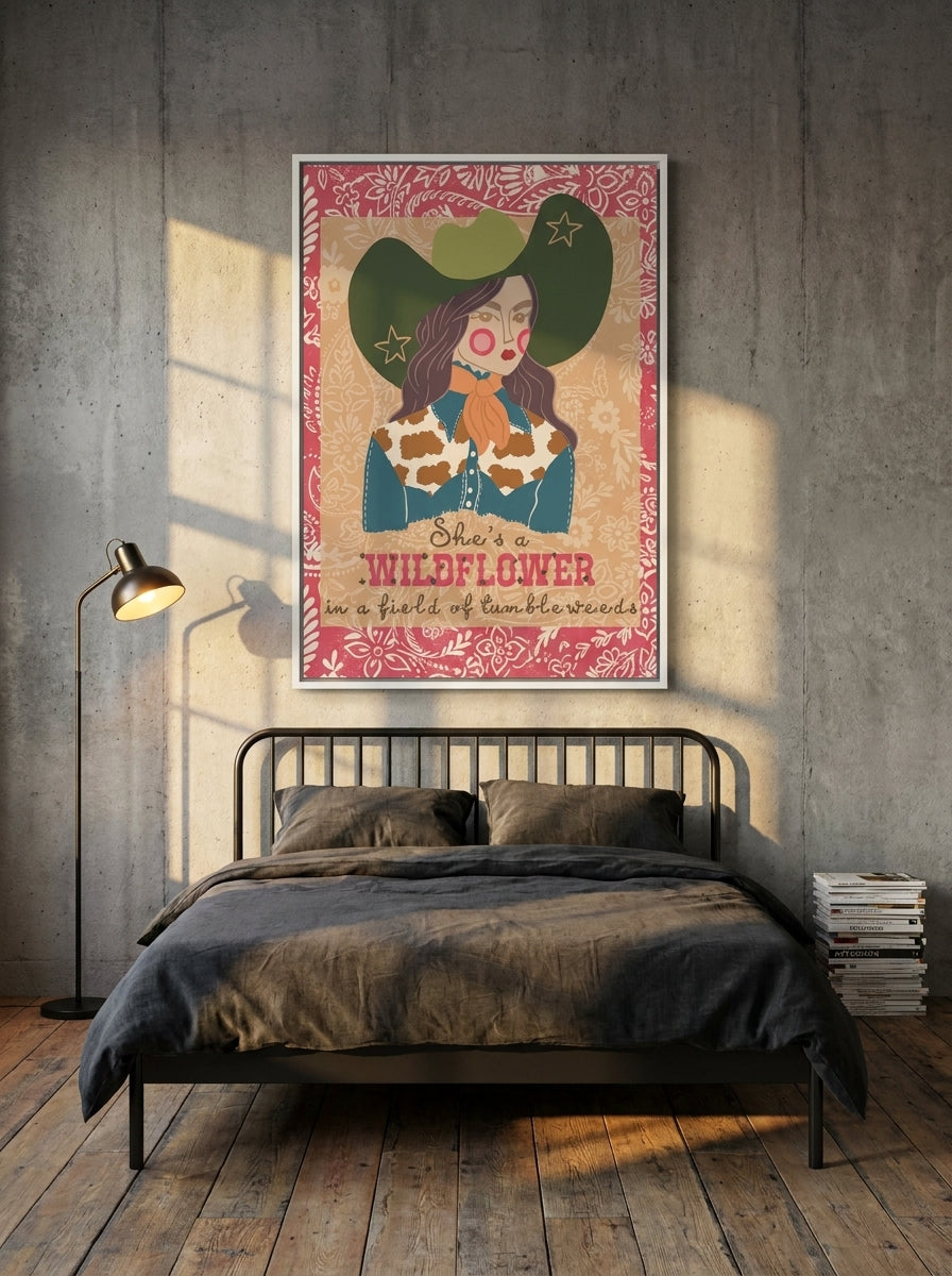 Canvas wall art with a white surround styled on the wall in an industrial loft bedroom
