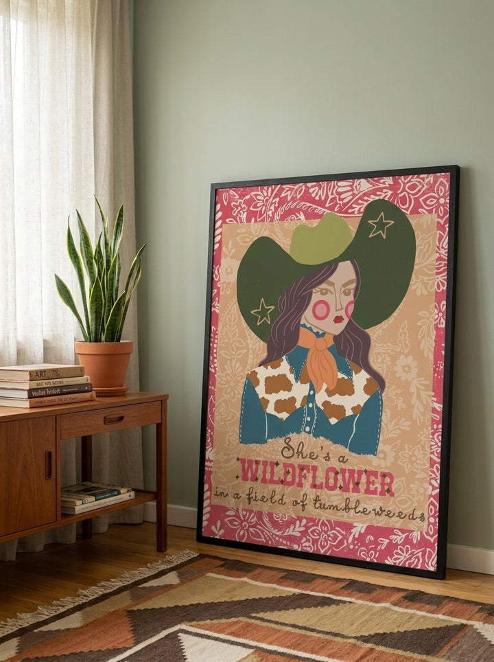 Oversized statement modern wall art print leaning against the wall in a mid-century living room