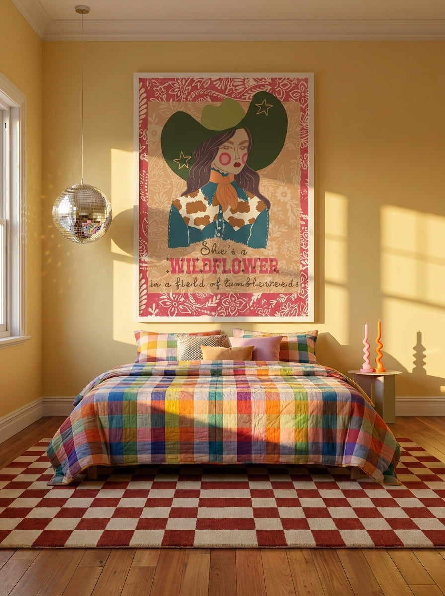 Oversized statement modern wall art print styled on the wall in a colourful eclectic bedroom