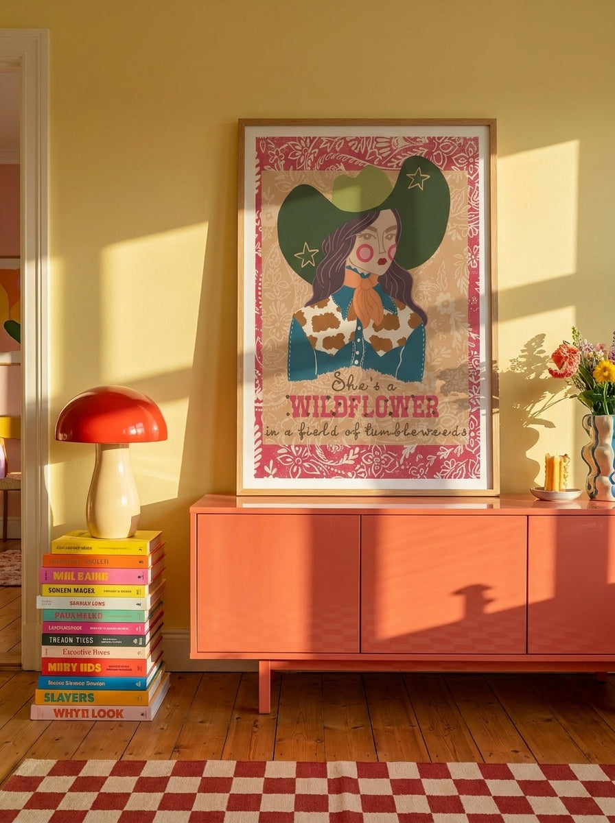 Modern wall art print styled on the wall in a colourful eclectic living room
