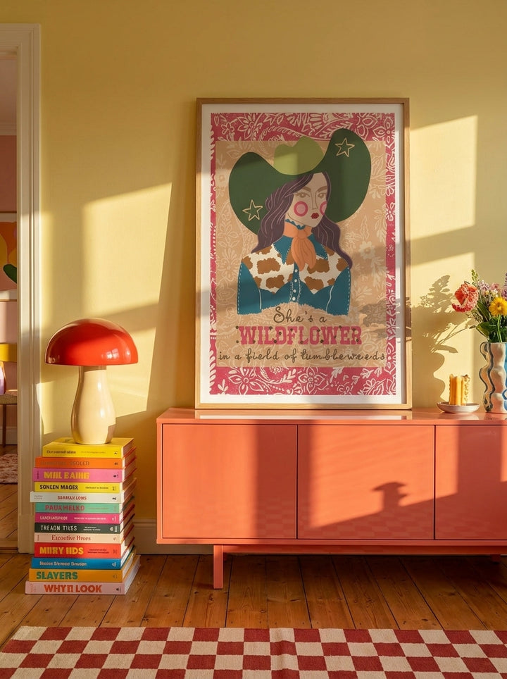Modern wall art print styled on the wall in a colourful eclectic living room
