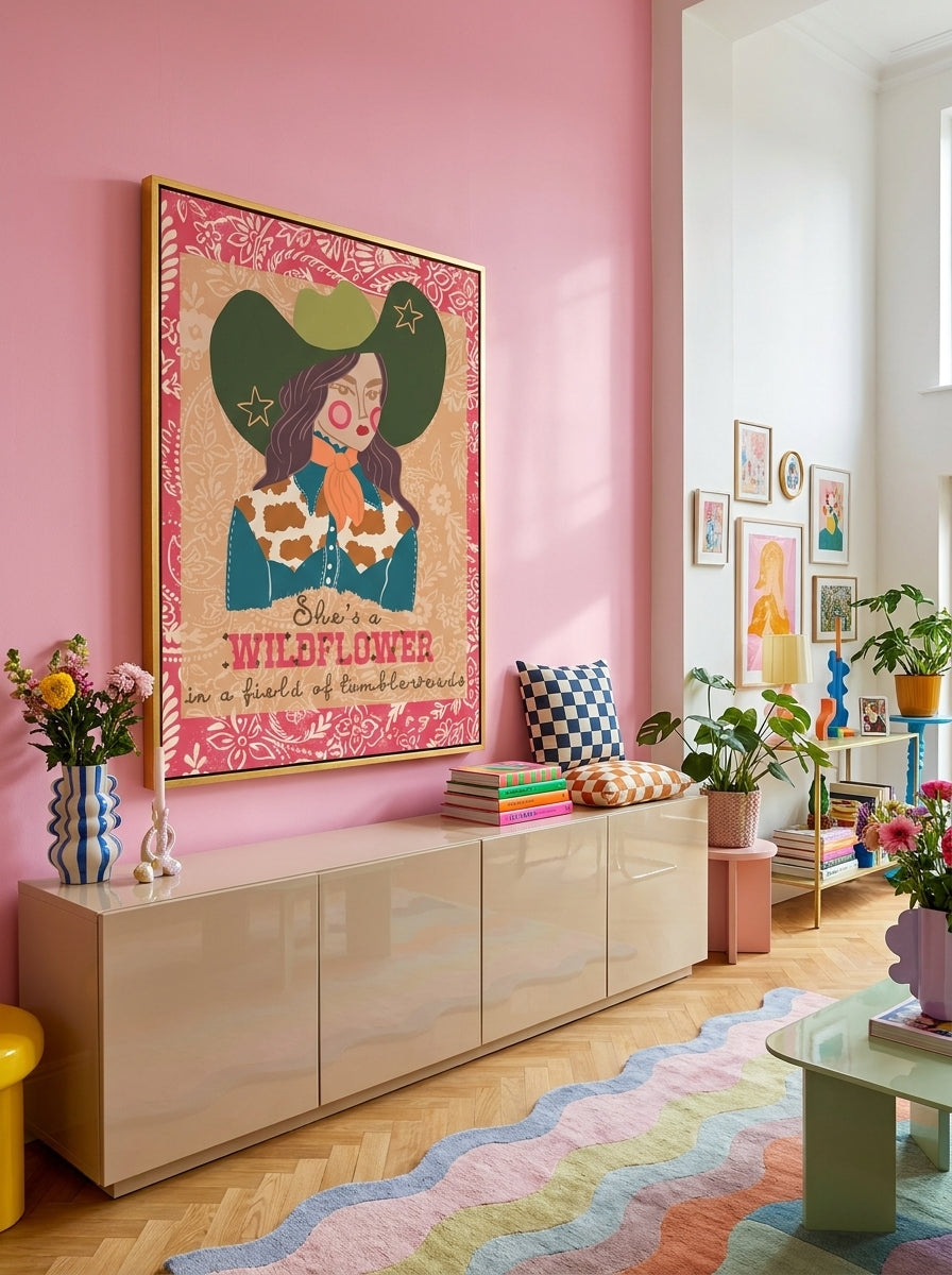 Oversized statement canvas wall art with a gold leaf surround styled on the wall in a colourful eclectic living room