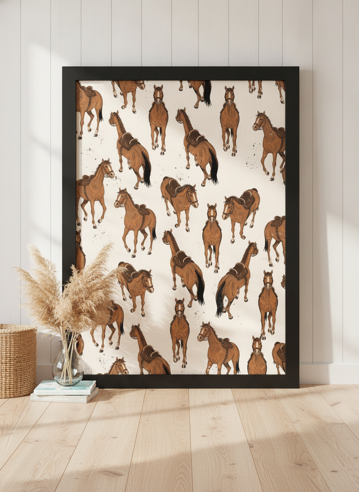 Oversized statement modern wall art print leaning against the wall in a coastal kitchen