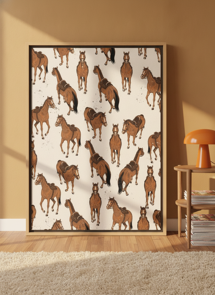 Oversized statement canvas wall art with a natural timber surround leaning against the wall in a retro 70s living room