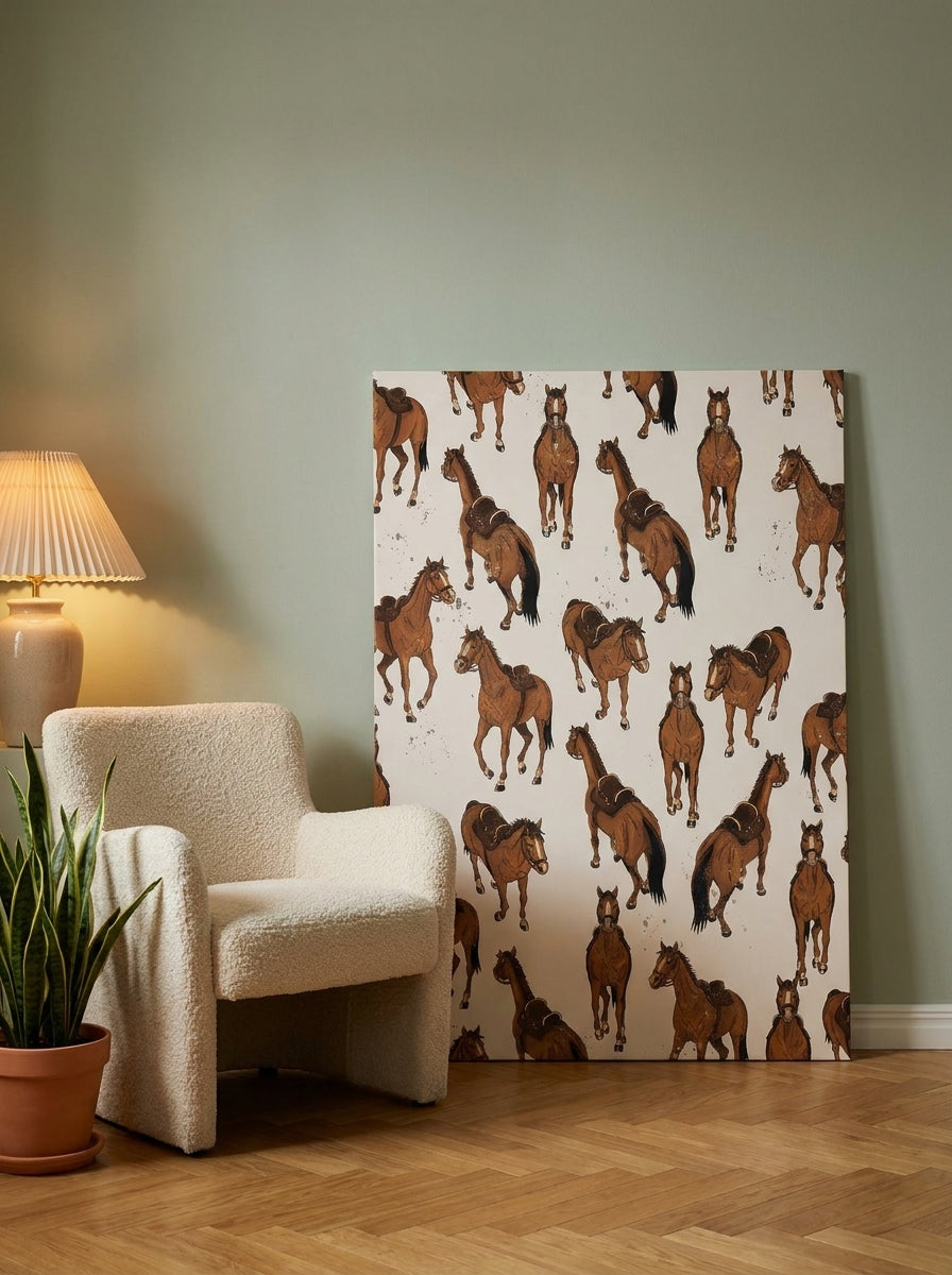 Stretched canvas wall art leaning against the wall in a mid-century bedroom