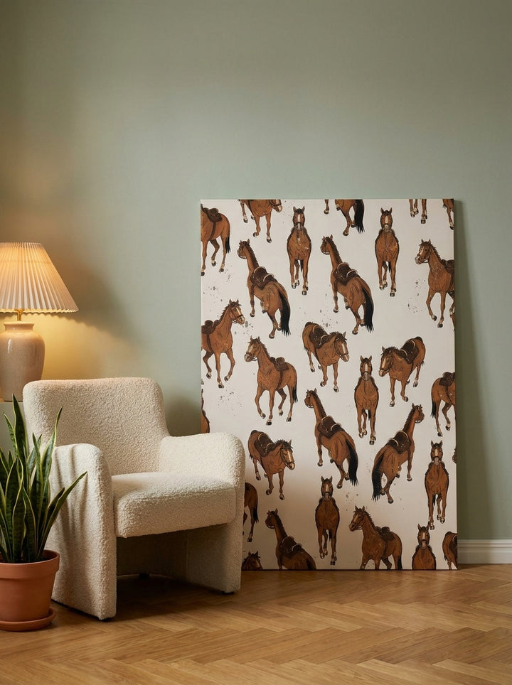 Stretched canvas wall art leaning against the wall in a mid-century bedroom