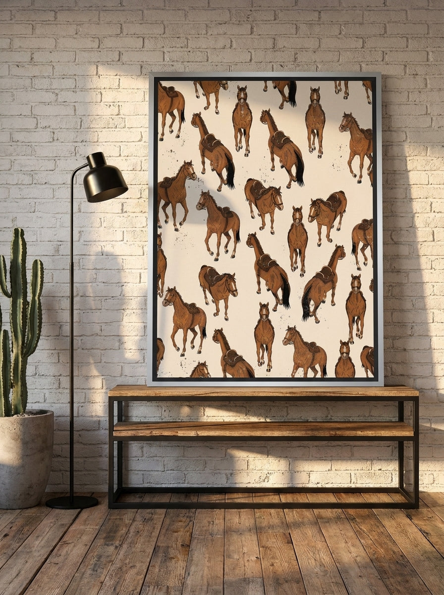 Canvas wall art with a silver leaf surround standing on a console in an industrial loft bedroom