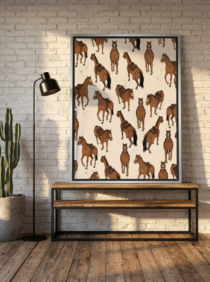 Canvas wall art with a silver leaf surround standing on a console in an industrial loft bedroom