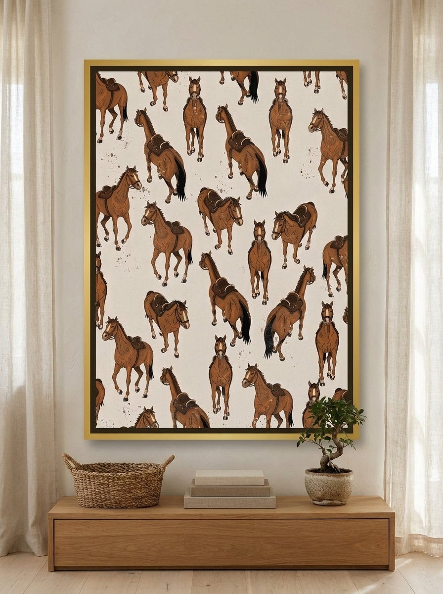 Canvas wall art with a gold leaf surround styled on the wall in a warm Japandi nursery