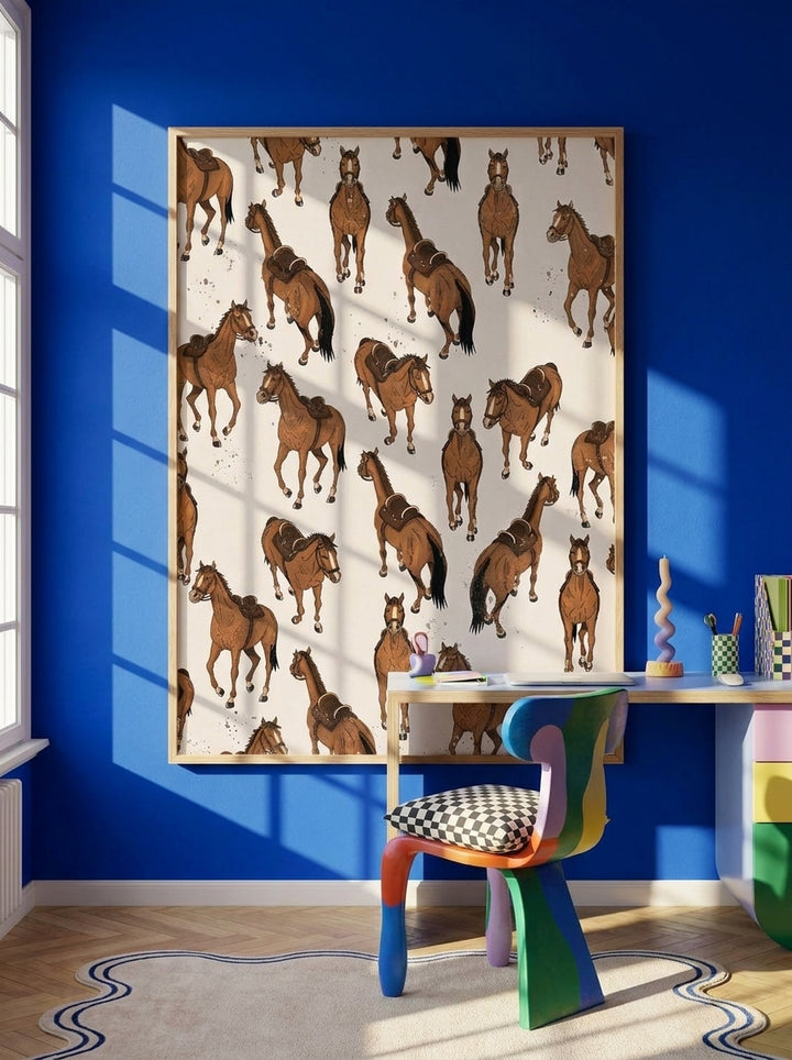 Modern wall art print styled on the wall in a colourful eclectic home office