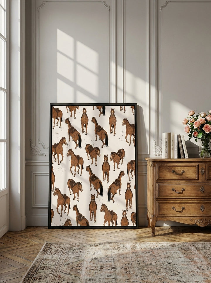 Canvas wall art with a black surround standing on a sideboard in a Parisian home office