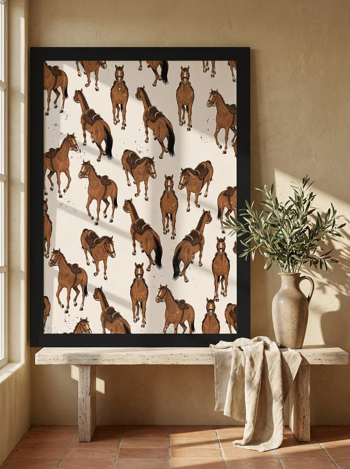 Modern wall art print standing on a console in a Mediterranean bedroom