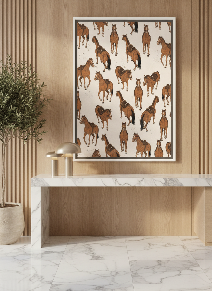Oversized statement canvas wall art with a white surround styled on the wall in a luxe kitchen
