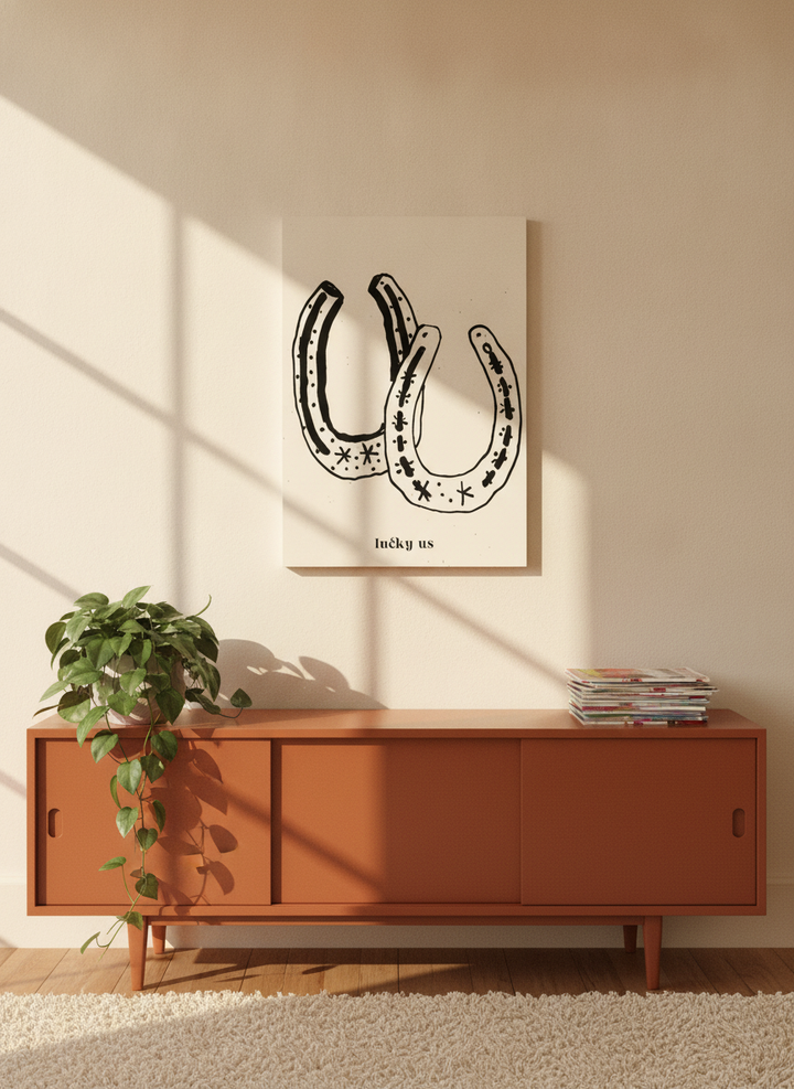 Stretched canvas wall art styled on the wall in a retro 70s living room