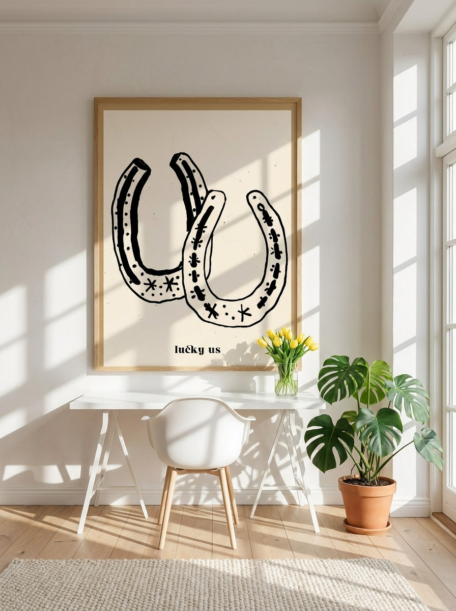 Oversized statement modern wall art print styled on the wall in a bright Scandinavian home office