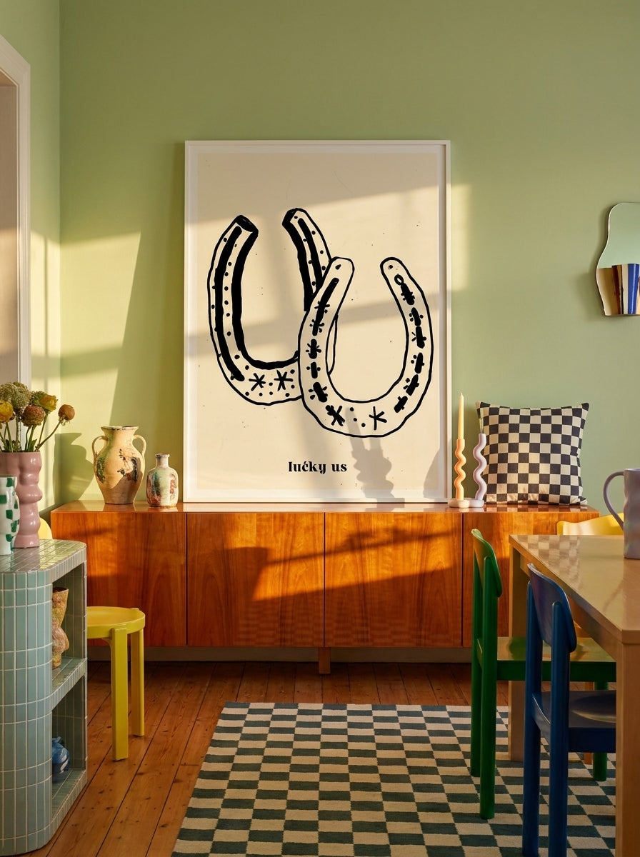 Modern wall art print standing on a sideboard in a colourful eclectic dining room