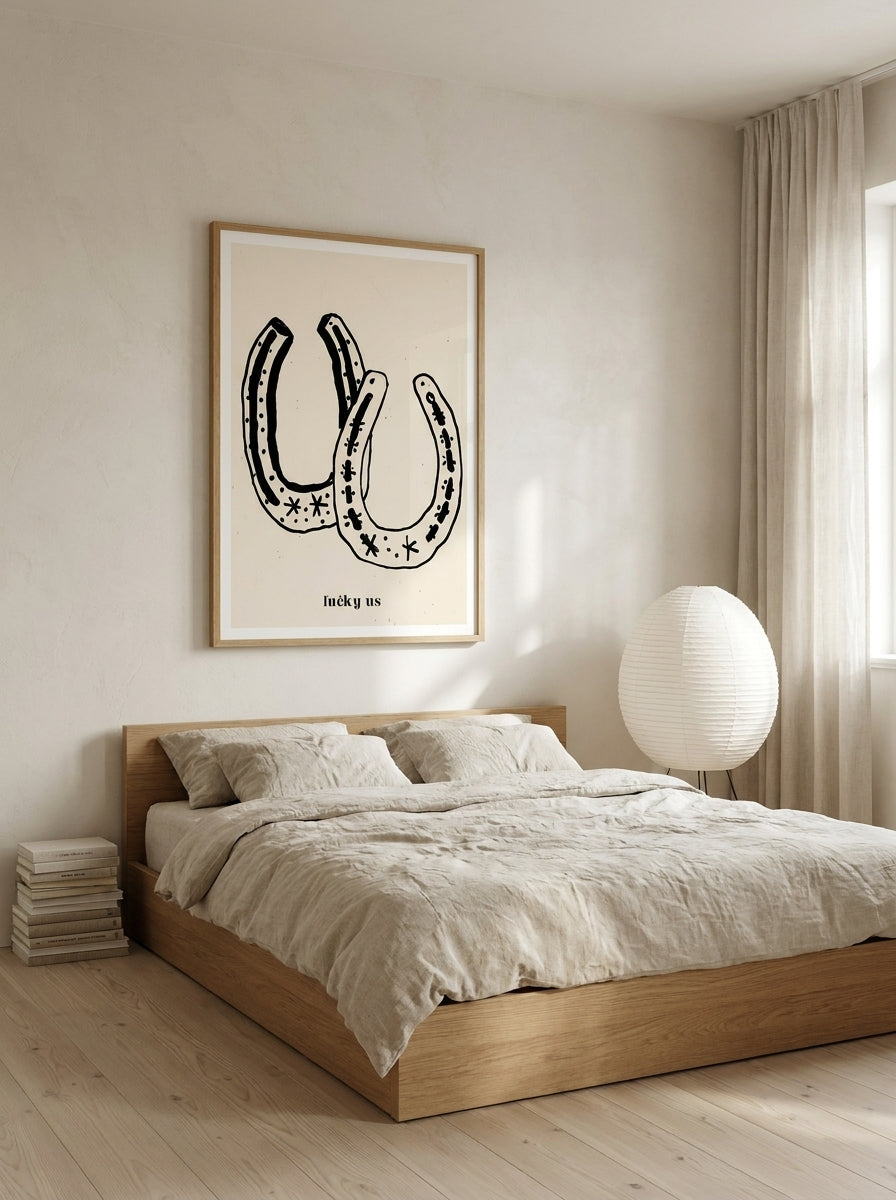 Modern wall art print styled on the wall in a warm Japandi bedroom