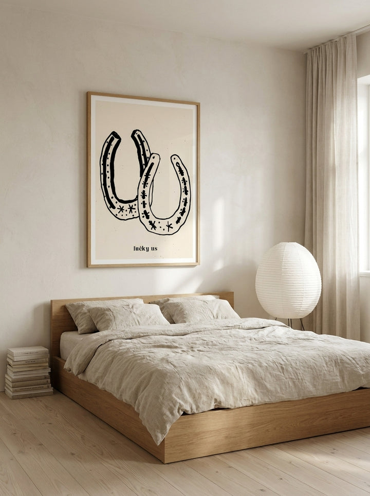 Modern wall art print styled on the wall in a warm Japandi bedroom