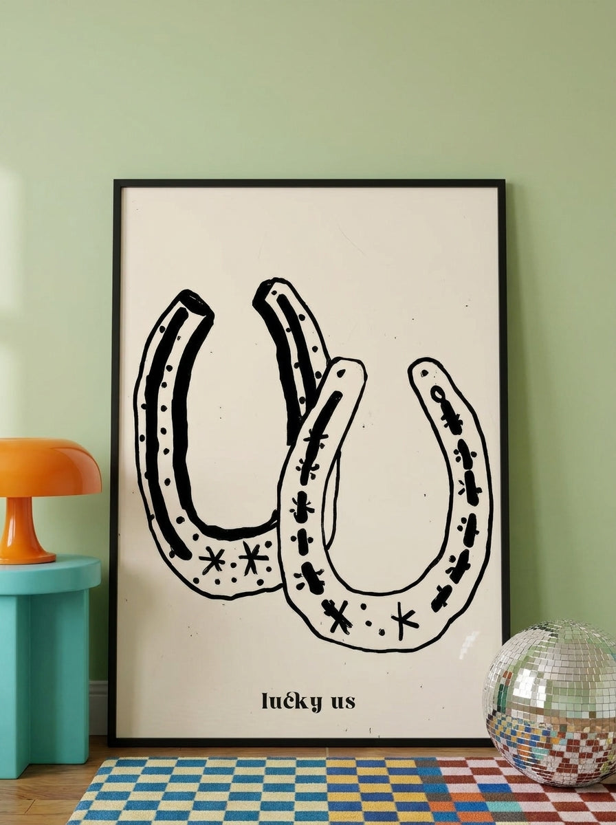 Oversized statement modern wall art print leaning against the wall in a colourful eclectic living room