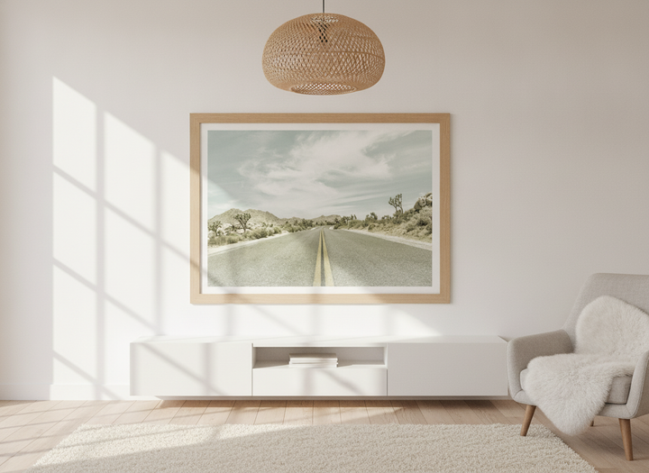 Modern wall art print styled on the wall in a bright Scandinavian living room