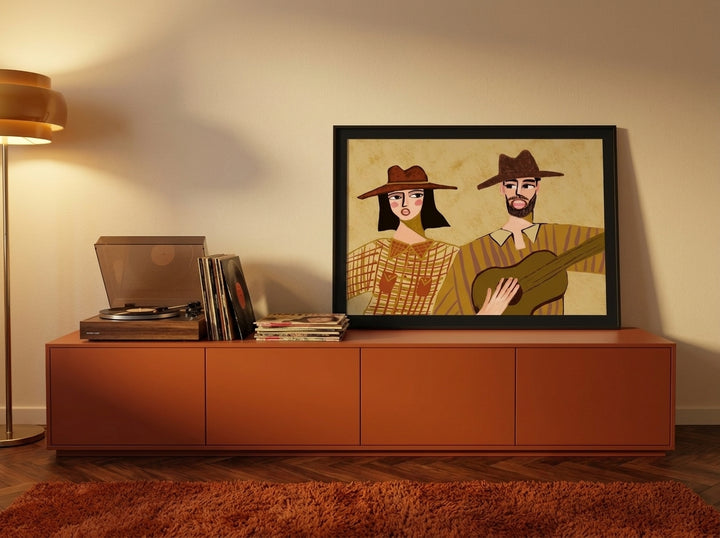 Modern wall art print standing on a sideboard in a retro 70s home office