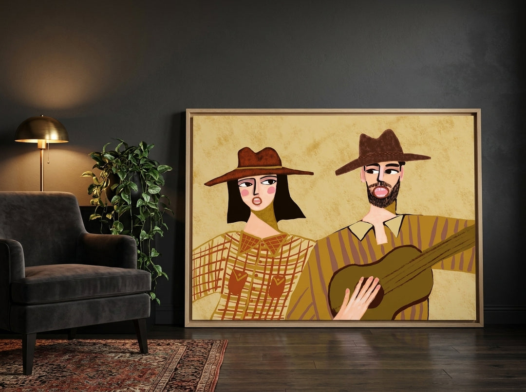 Oversized statement canvas wall art with a natural timber surround leaning against the wall in a moody dining room